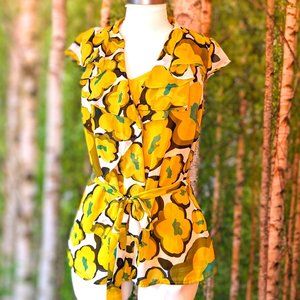 Sheer Mod Floral Blouse with Ruffles, Tie Belt, and Built In Cami